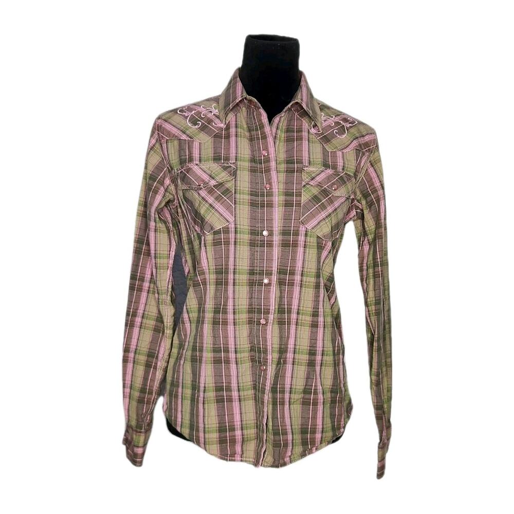 Ransom Ranch Western Shirt M Pink Plaid Pearl Snap Rodeo Cowgirl embroidered
